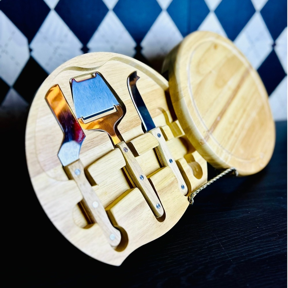 Round Wooden Cheese Board 3 Tool Set Hidden Storage Swivel‎ Charcuterie